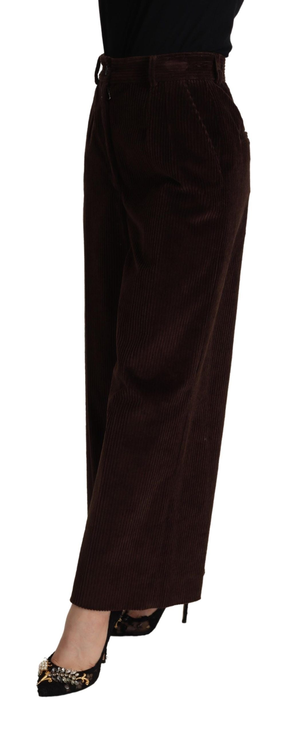Dolce & Gabbana Brown Cotton High Waist Trouser Wide Leg Women's Pants