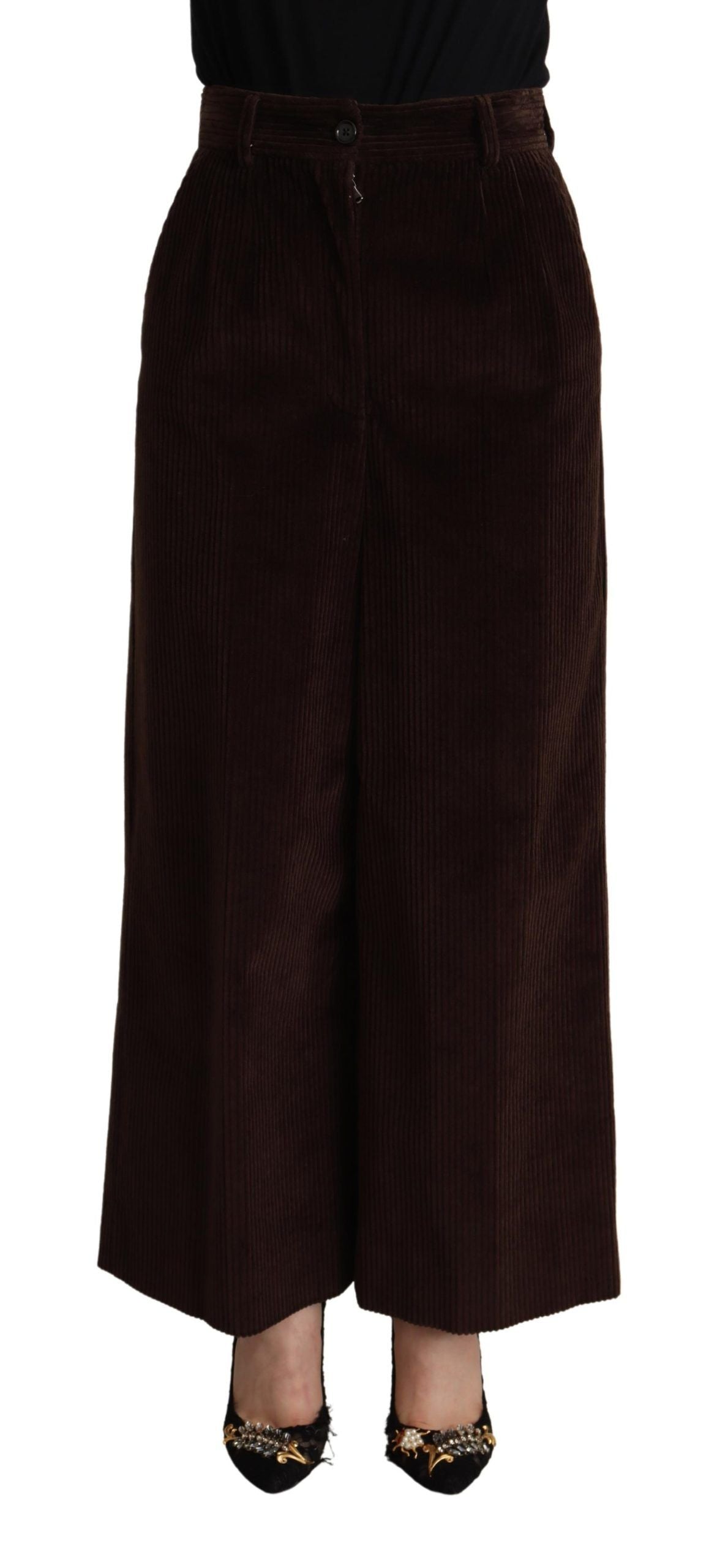Dolce & Gabbana Brown Cotton High Waist Trouser Wide Leg Women's Pants