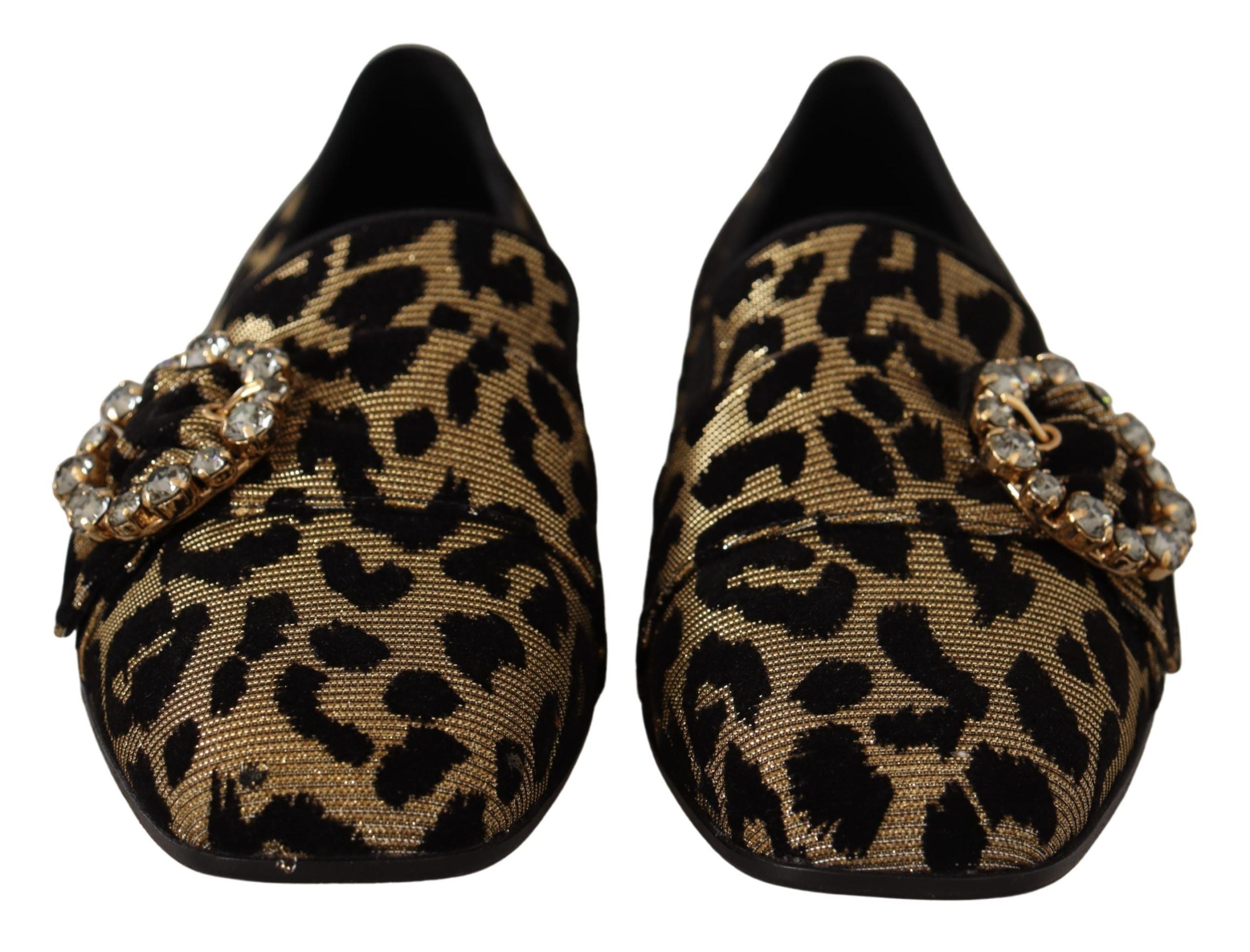 Dolce & Gabbana Gold Leopard Print Crystals Loafers Women's Shoes