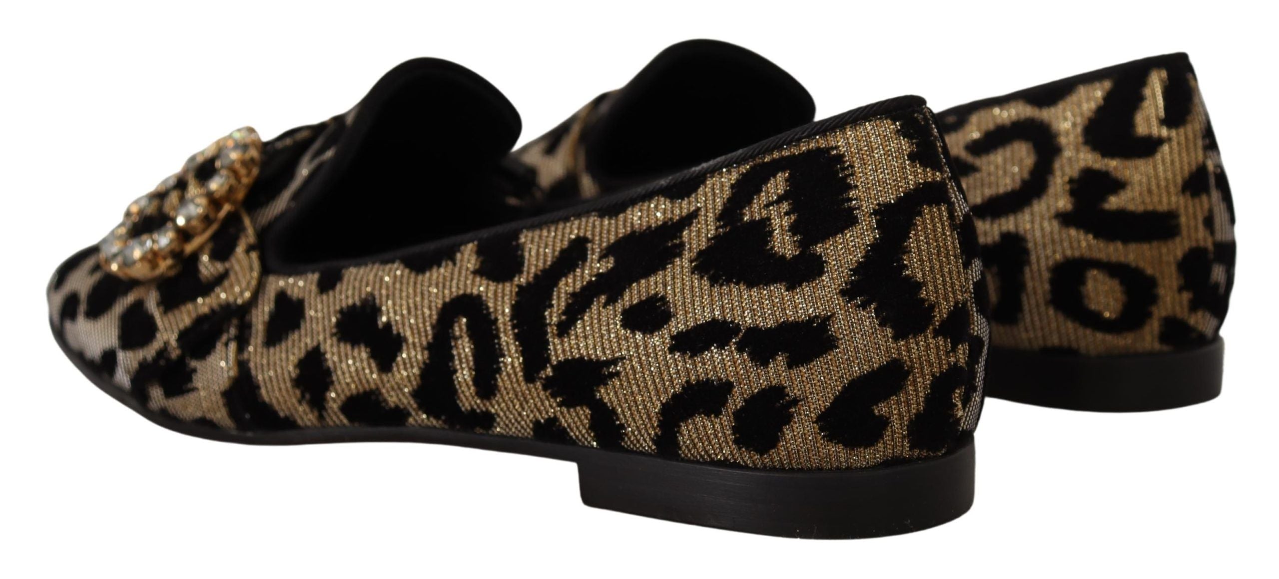 Dolce & Gabbana Gold Leopard Print Crystals Loafers Women's Shoes