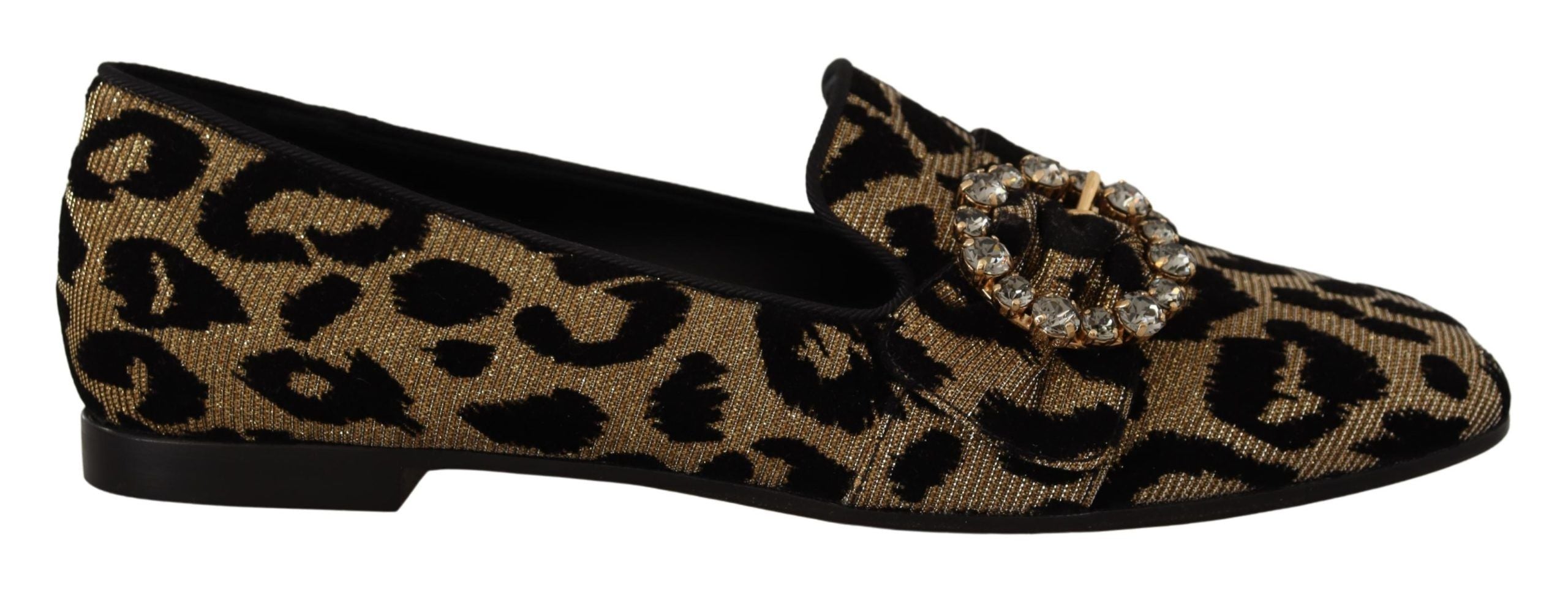 Dolce & Gabbana Gold Leopard Print Crystals Loafers Women's Shoes