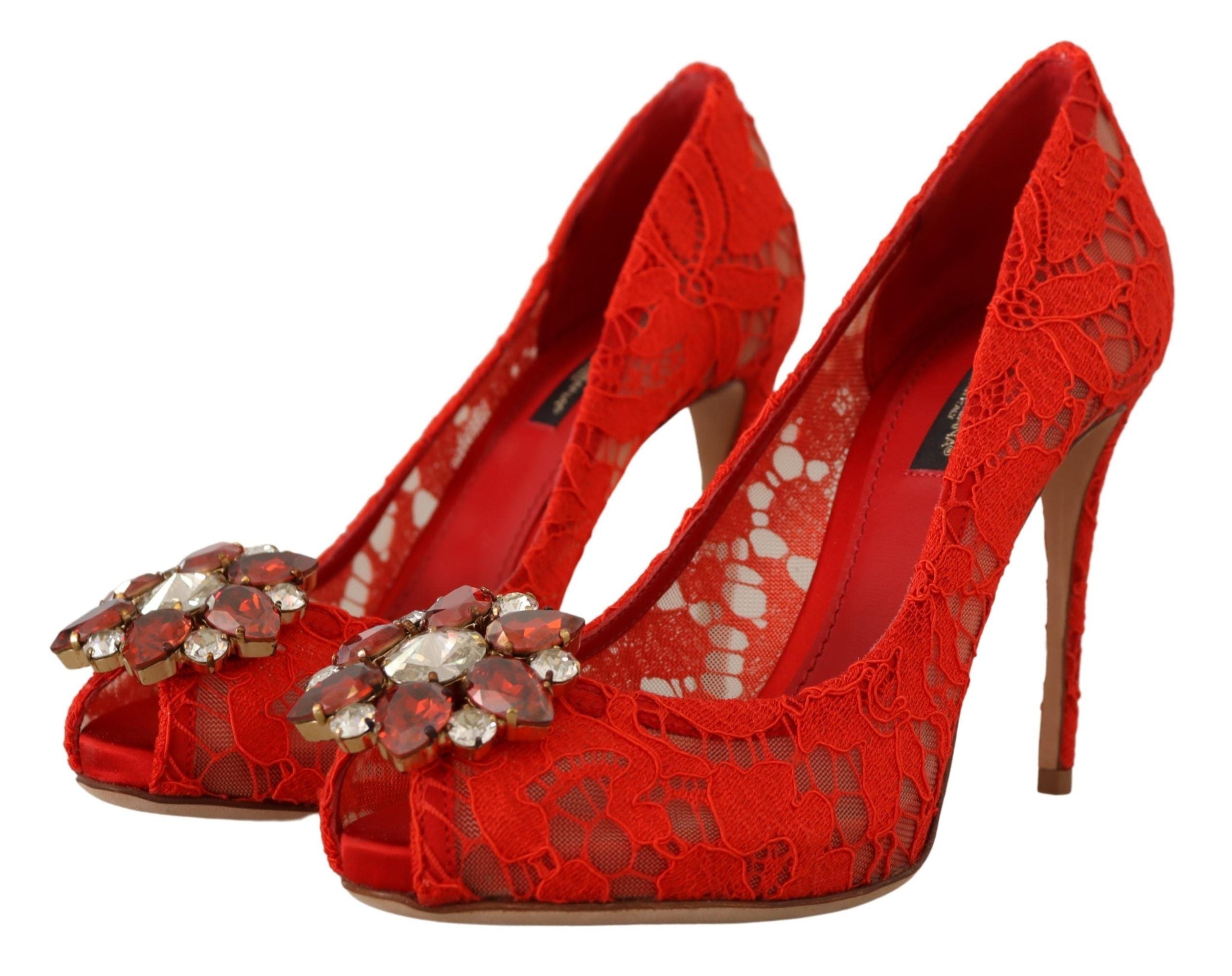 Dolce & Gabbana Red Taormina Lace Crystal Heels Women's Pumps