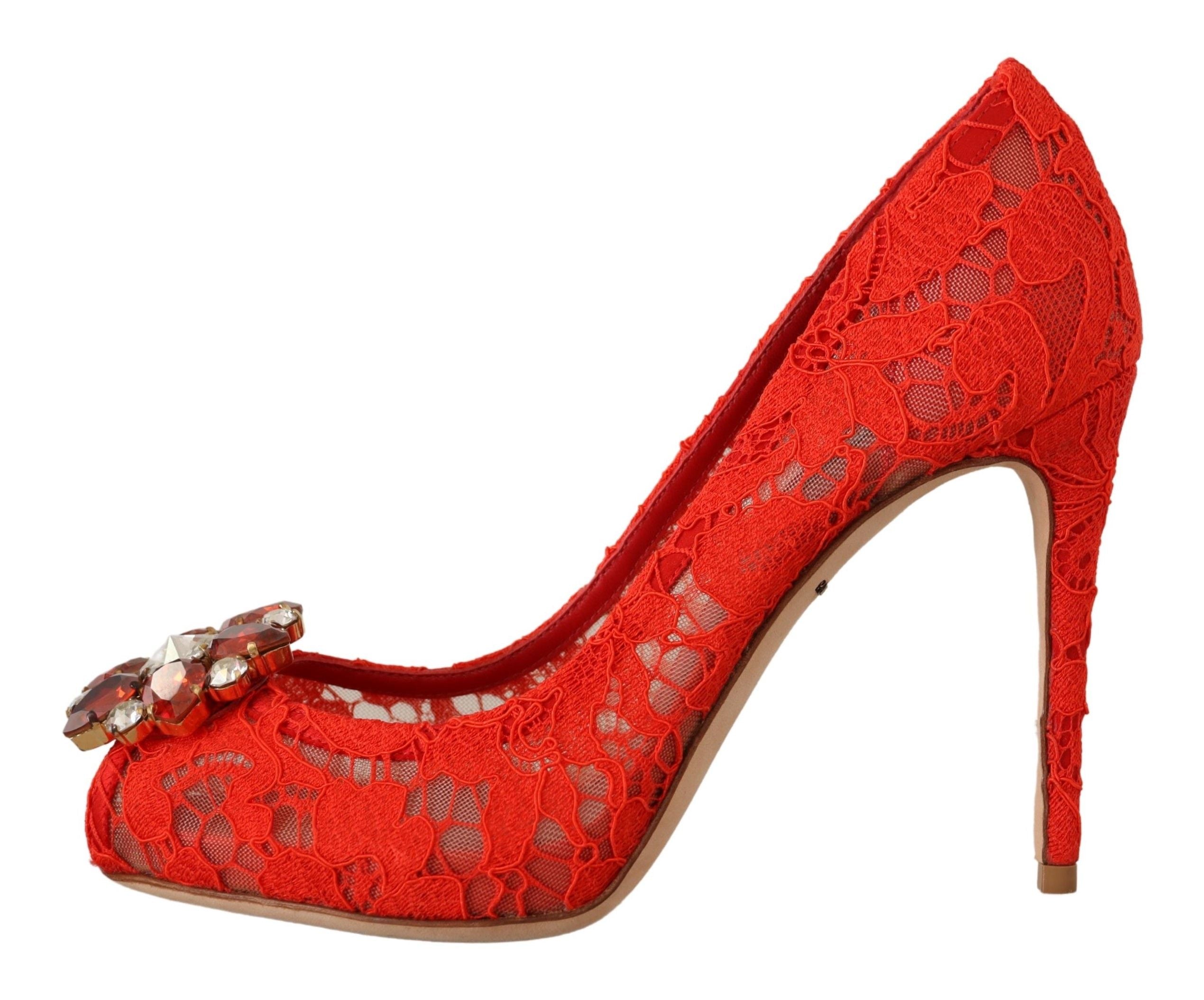 Dolce & Gabbana Red Taormina Lace Crystal Heels Women's Pumps