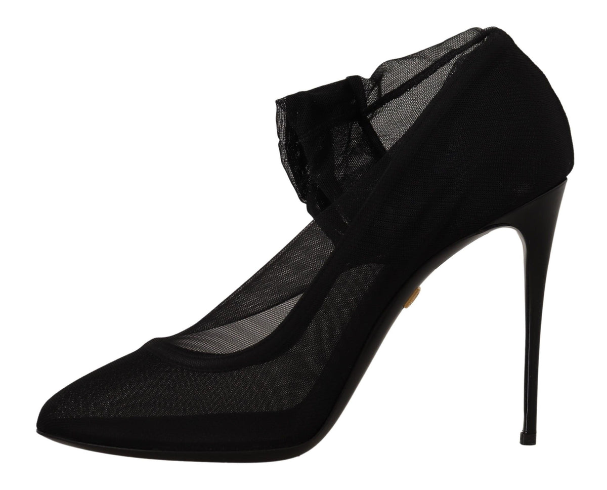 Dolce & Gabbana Black Tulle Stretch Boots Pumps Women's Shoes