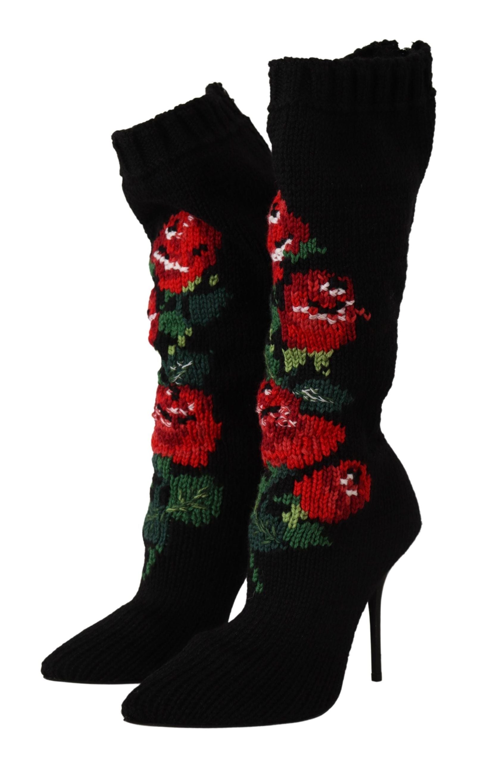 Dolce & Gabbana Black Stretch Socks Red Roses Booties Women's Shoes