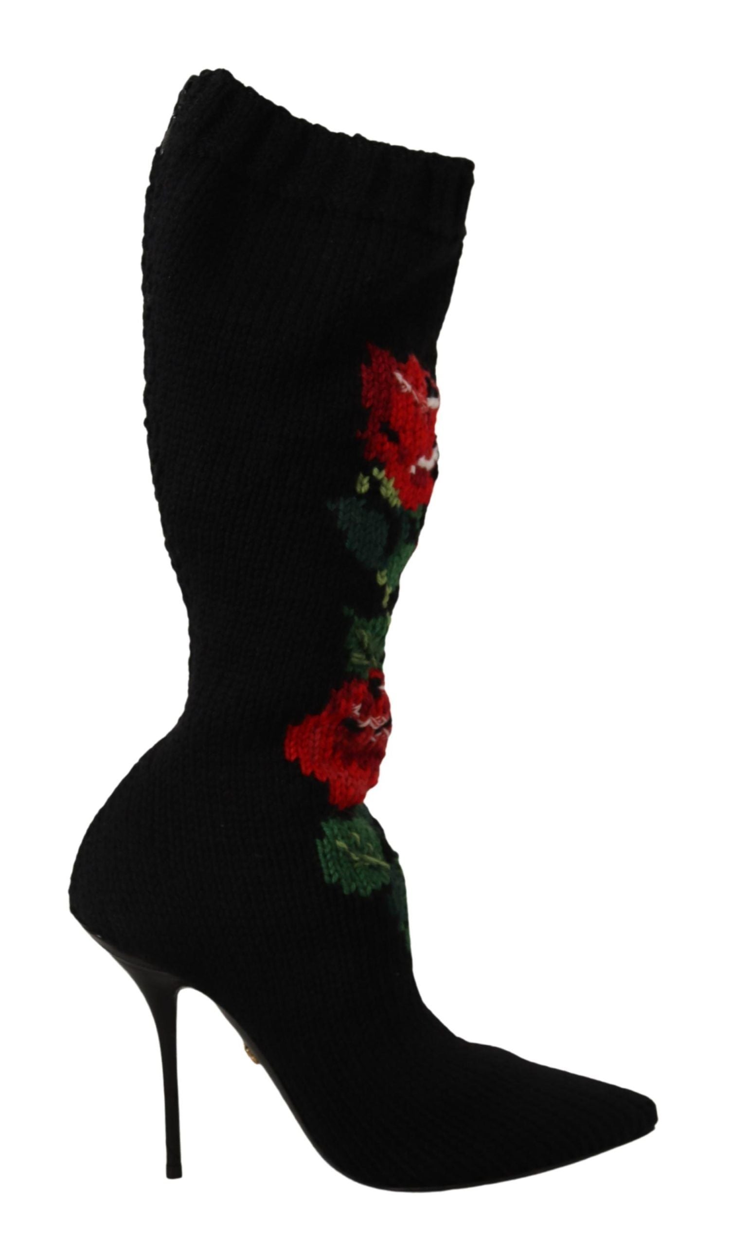 Dolce & Gabbana Black Stretch Socks Red Roses Booties Women's Shoes