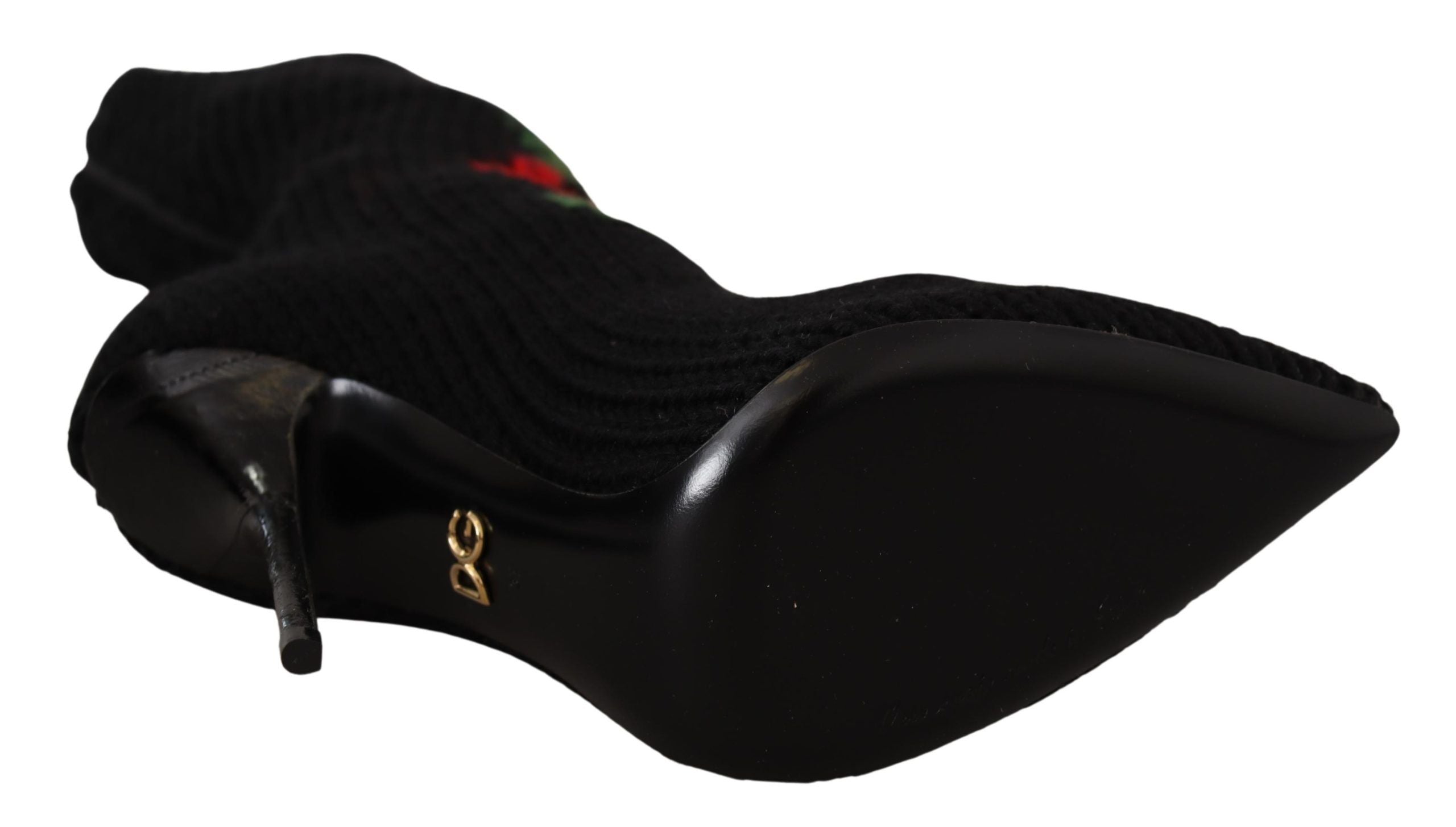 Dolce & Gabbana Black Stretch Socks Red Roses Booties Women's Shoes