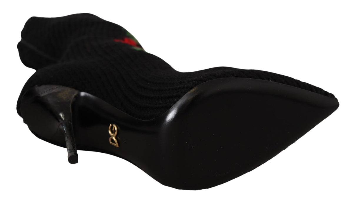 Dolce & Gabbana Black Stretch Socks Red Roses Booties Women's Shoes
