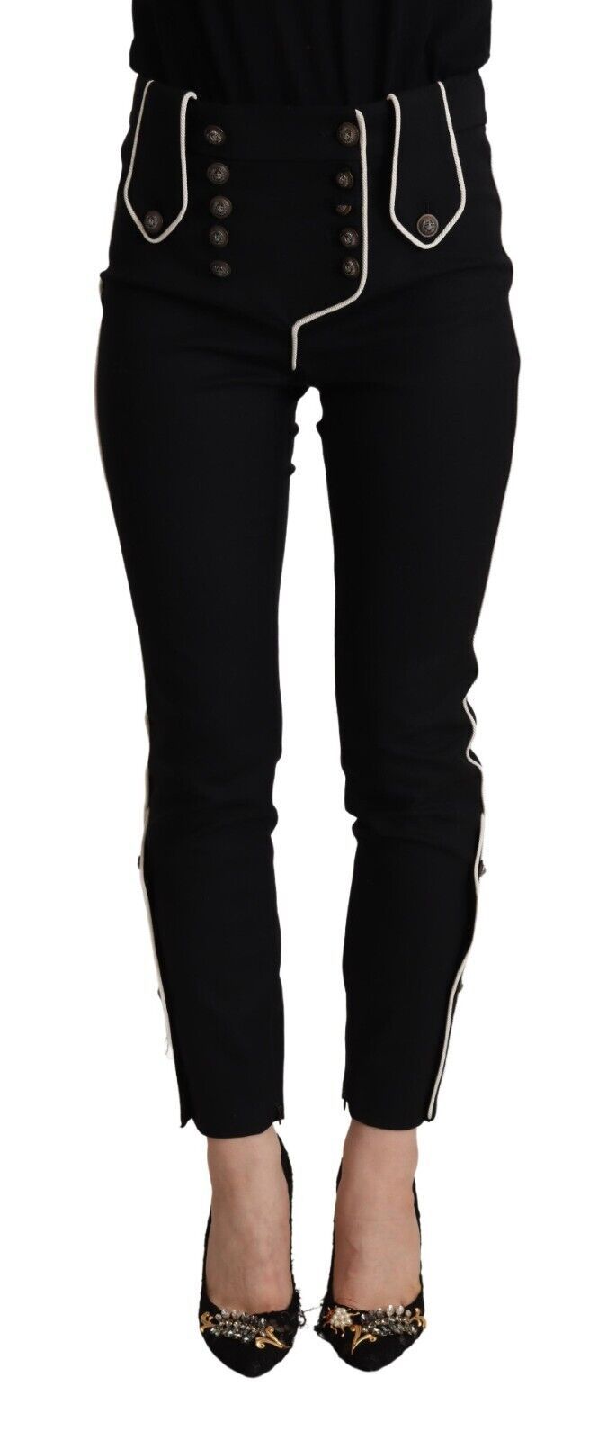 Dolce & Gabbana Black Mid Waist Button Embellished Slim Fit Women's Pants