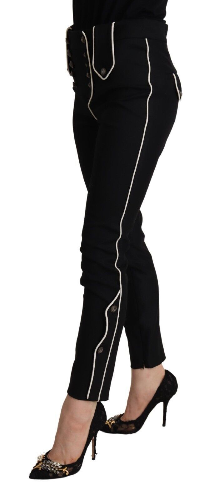 Dolce & Gabbana Black Mid Waist Button Embellished Slim Fit Women's Pants