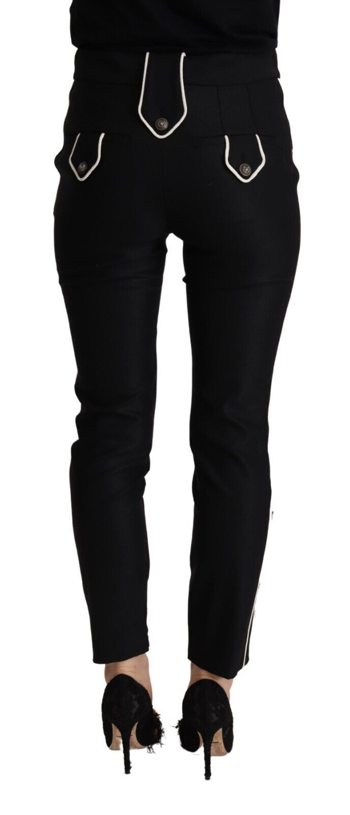 Dolce & Gabbana Black Mid Waist Button Embellished Slim Fit Women's Pants