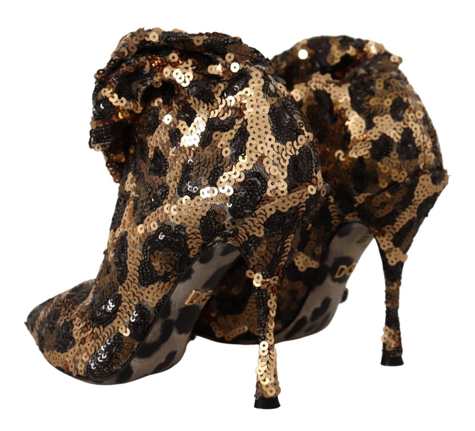 Dolce & Gabbana Gold Leopard Sequins Heels Boots Women's Shoes