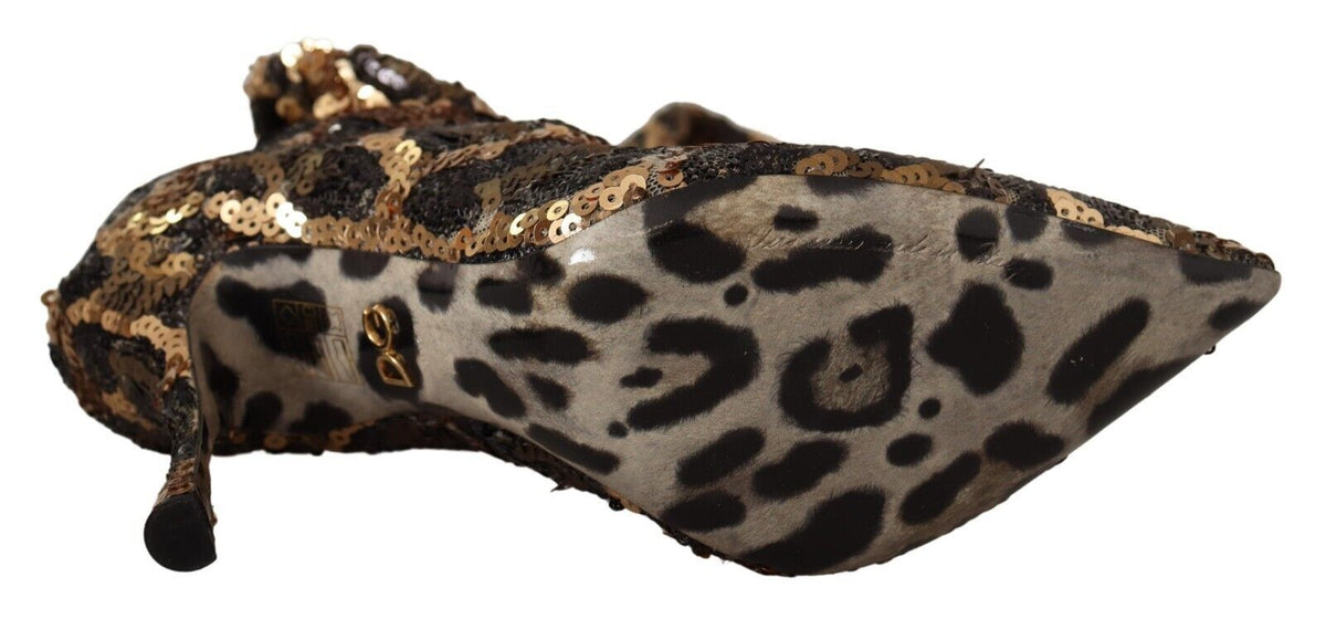 Dolce & Gabbana Gold Leopard Sequins Heels Boots Women's Shoes