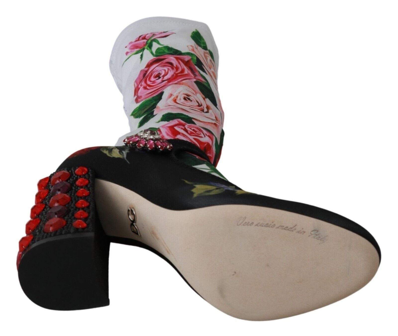 Dolce & Gabbana Black Floral Socks Crystal Jersey Boots Women's Shoes
