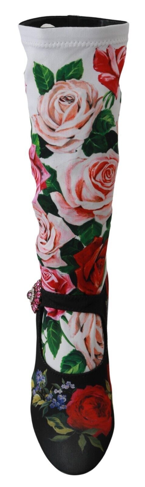 Dolce & Gabbana Black Floral Socks Crystal Jersey Boots Women's Shoes
