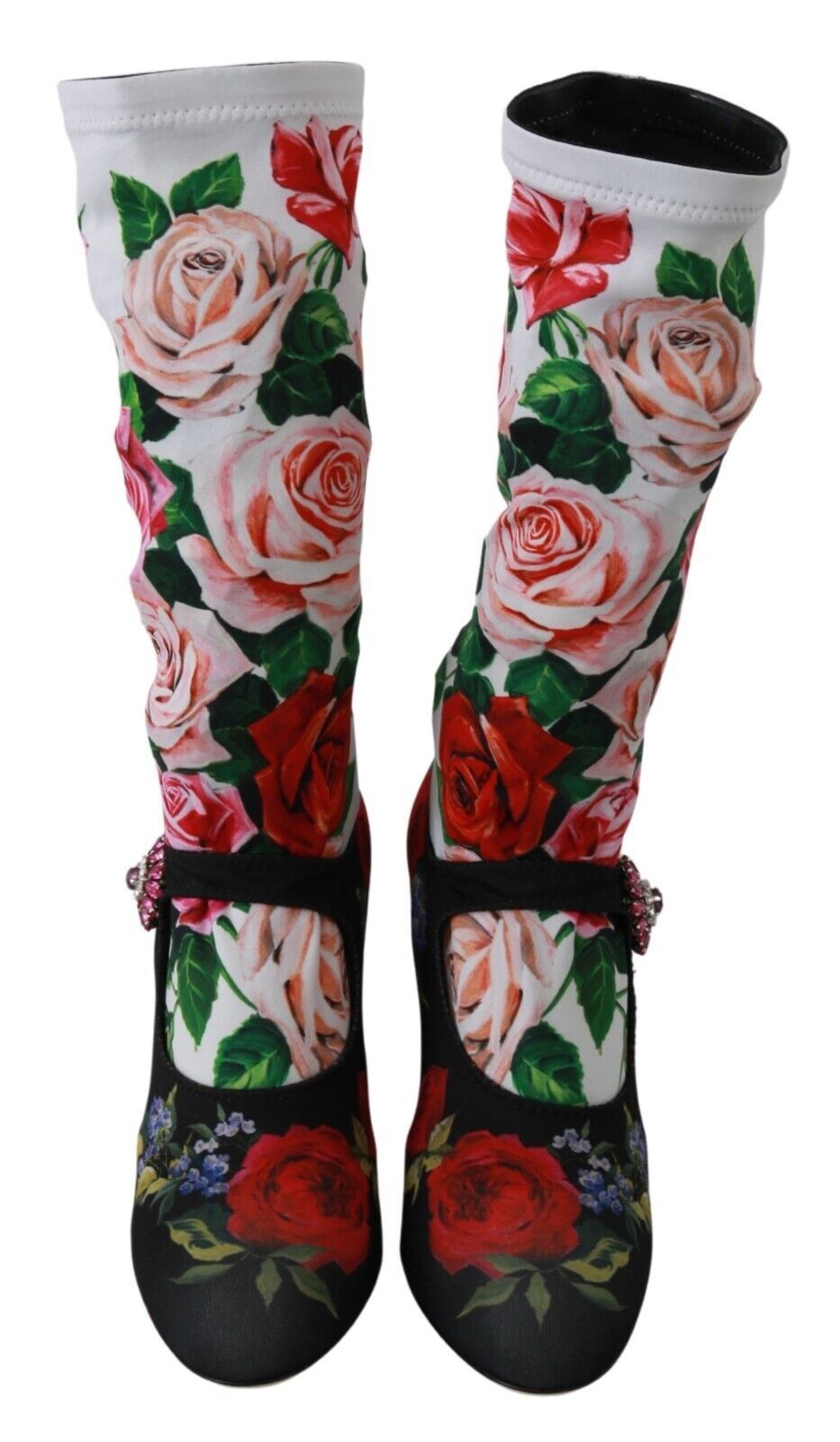 Dolce & Gabbana Black Floral Socks Crystal Jersey Boots Women's Shoes