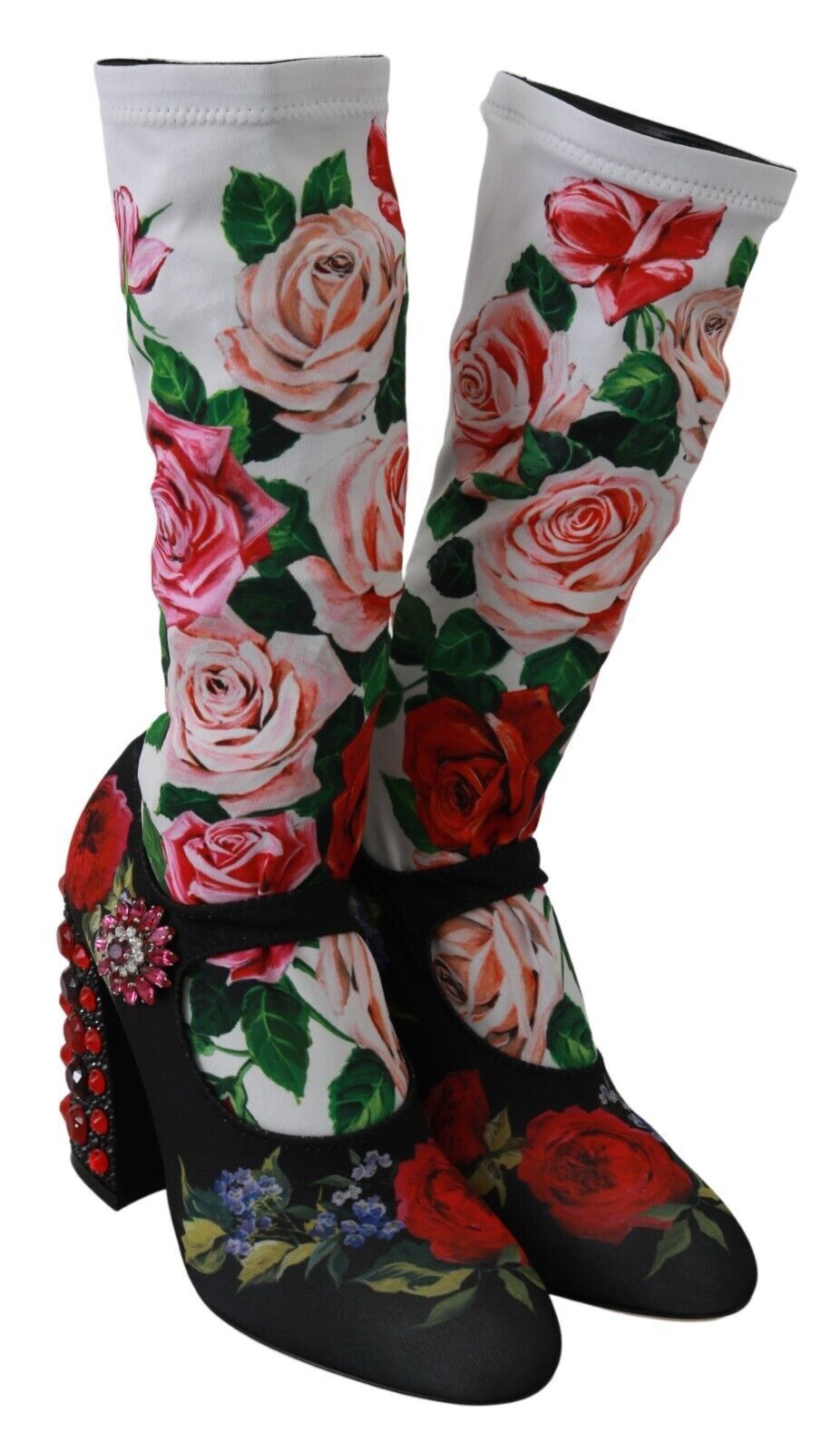 Dolce & Gabbana Black Floral Socks Crystal Jersey Boots Women's Shoes