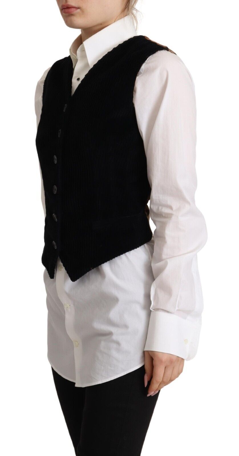 Dolce & Gabbana Black V-neck Leopard Corduroy Button Vest Women's Top