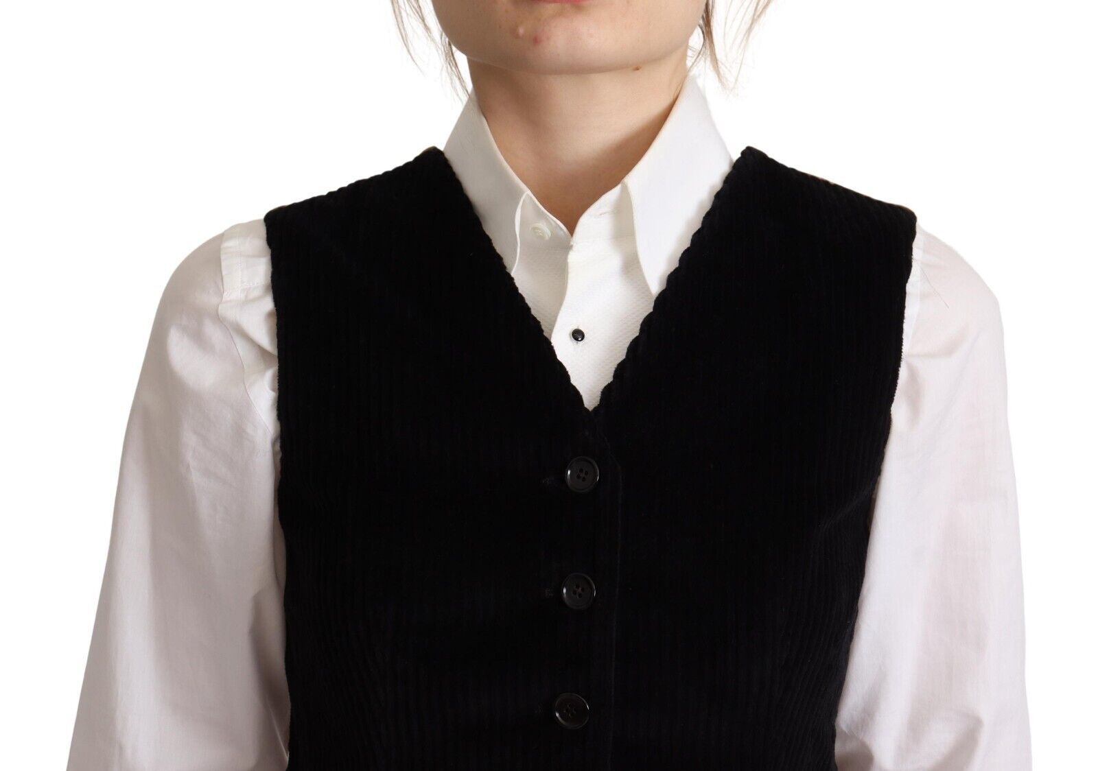 Dolce & Gabbana Black V-neck Leopard Corduroy Button Vest Women's Top