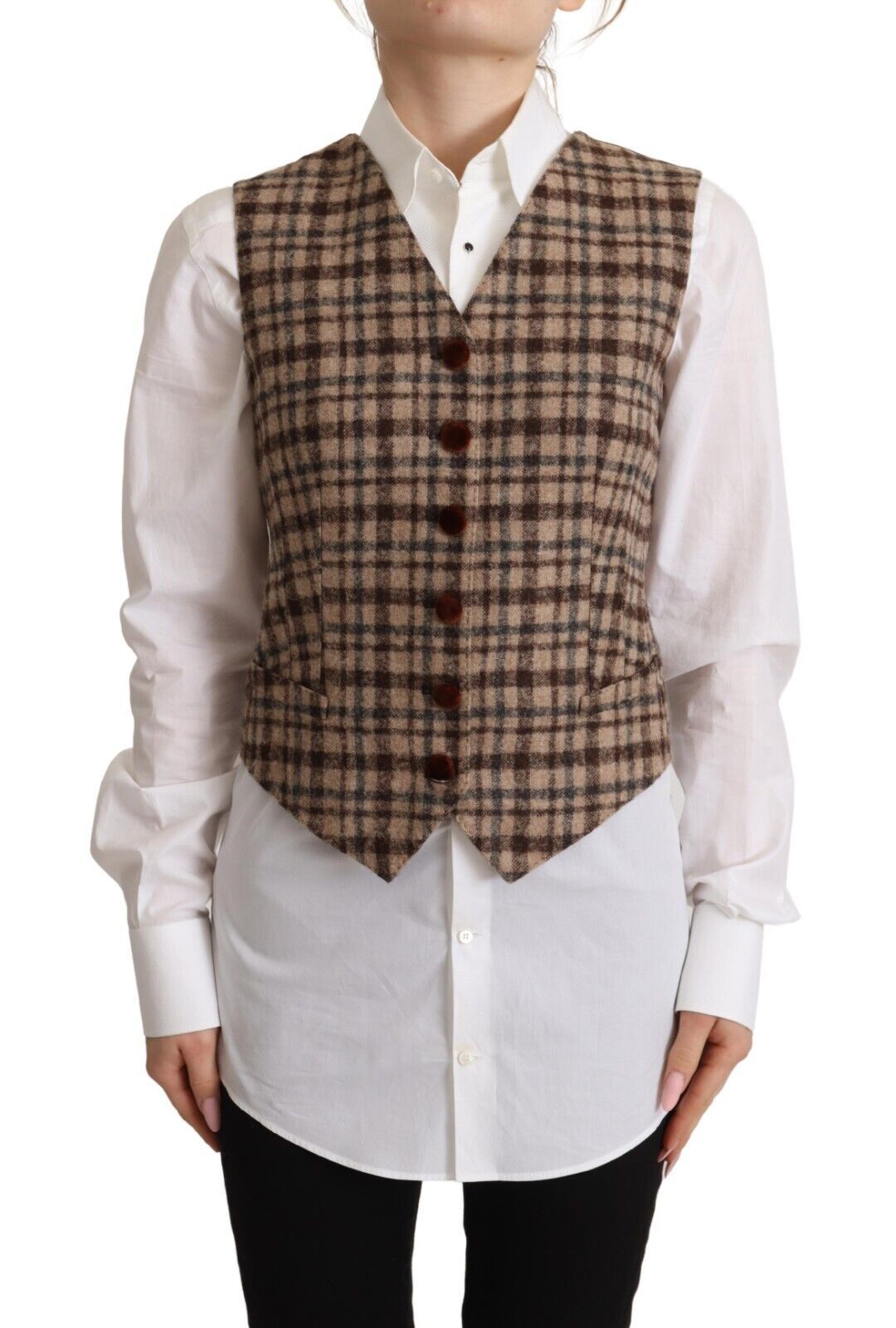 Dolce & Gabbana Brown Checkered Leopard V-neck Sleeveless Vest Women's Top