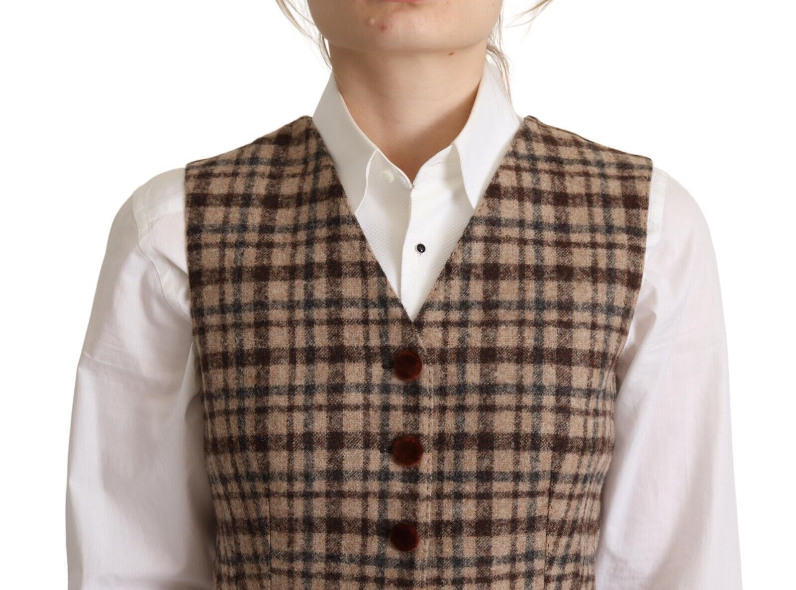 Dolce & Gabbana Brown Checkered Leopard V-neck Sleeveless Vest Women's Top