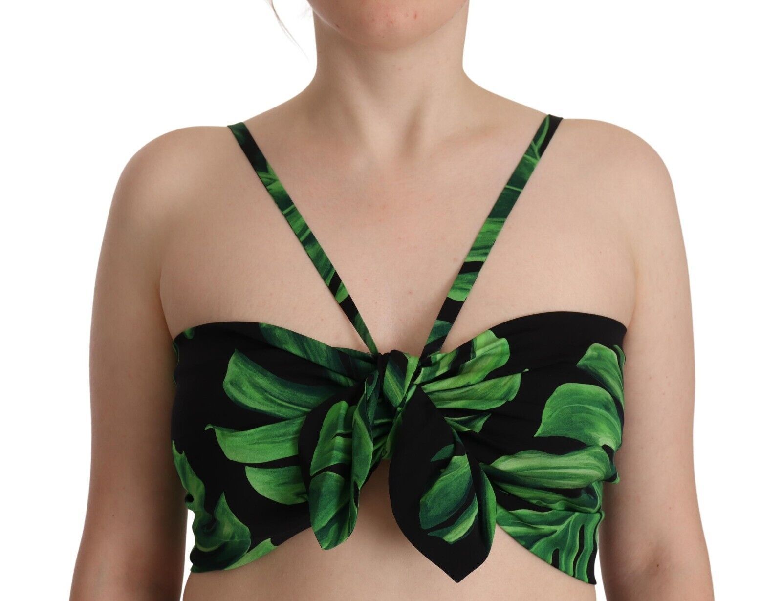 Dolce & Gabbana Black Green Leaf Silk Halter Cropped Women's Top