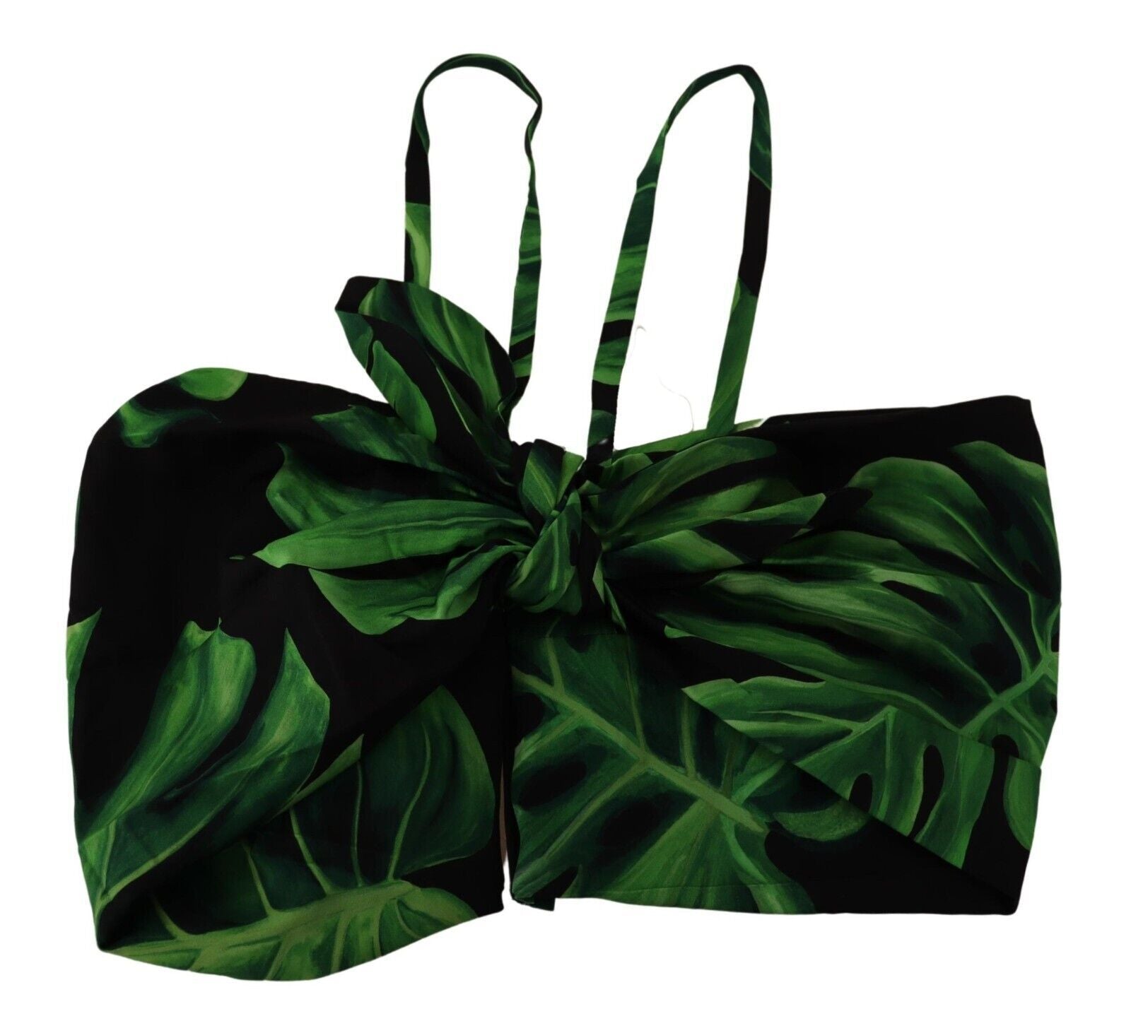 Dolce & Gabbana Black Green Leaf Silk Halter Cropped Women's Top