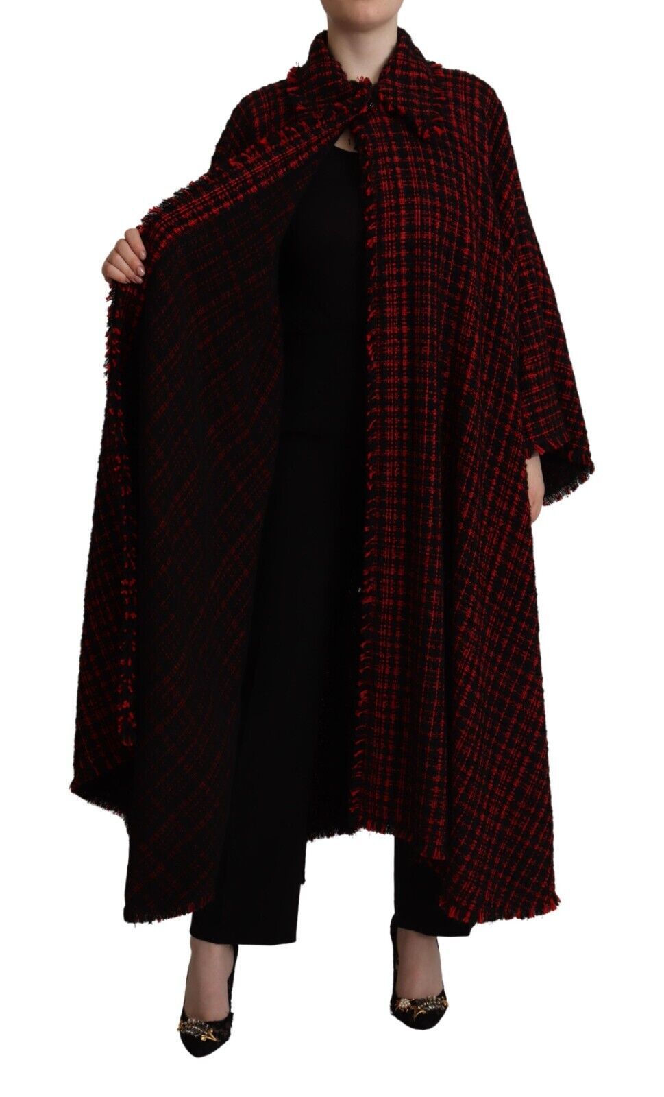 Dolce & Gabbana Black Red Cotton Checkered Over Coat Women's Jacket