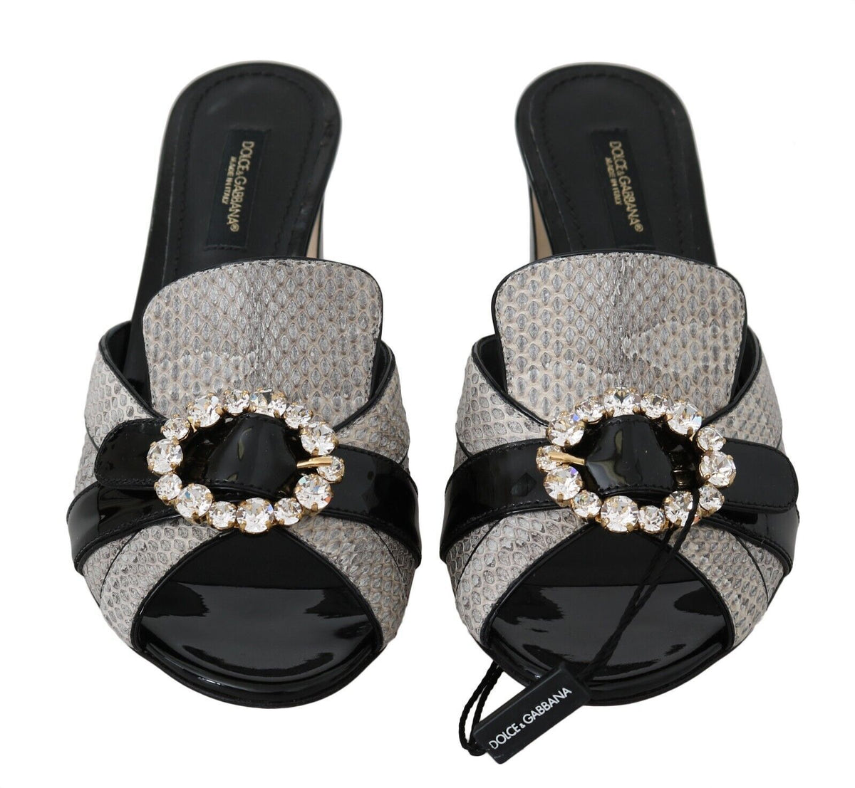 Dolce & Gabbana Black Gray Exotic Leather Crystals Sandals Women's Shoes