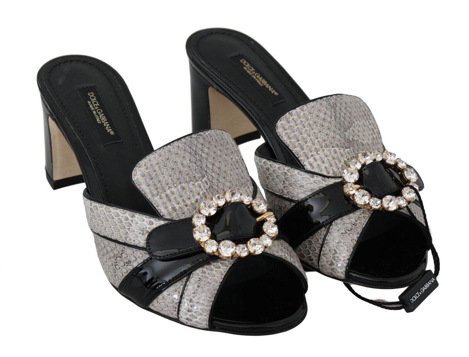 Dolce & Gabbana Black Gray Exotic Leather Crystals Sandals Women's Shoes