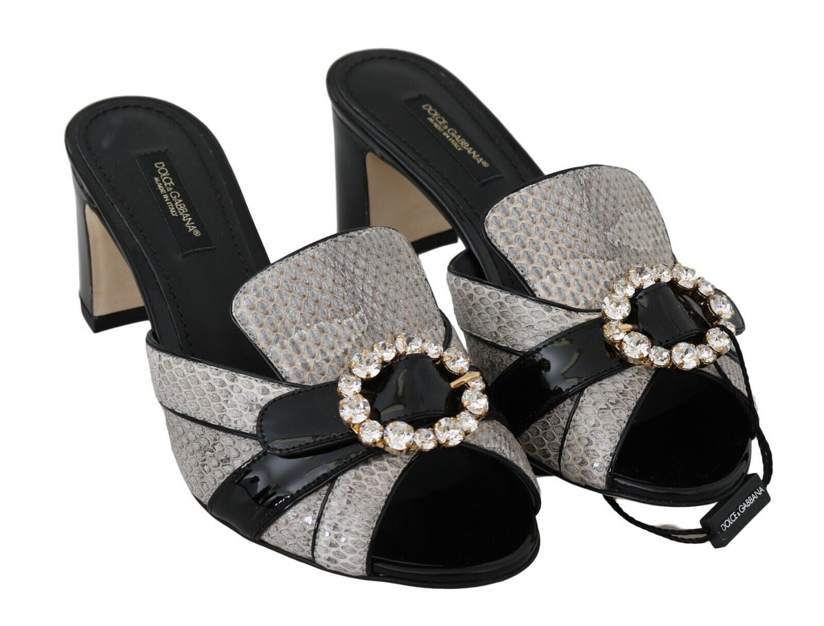 Dolce & Gabbana Black Gray Exotic Leather Crystals Sandals Women's Shoes