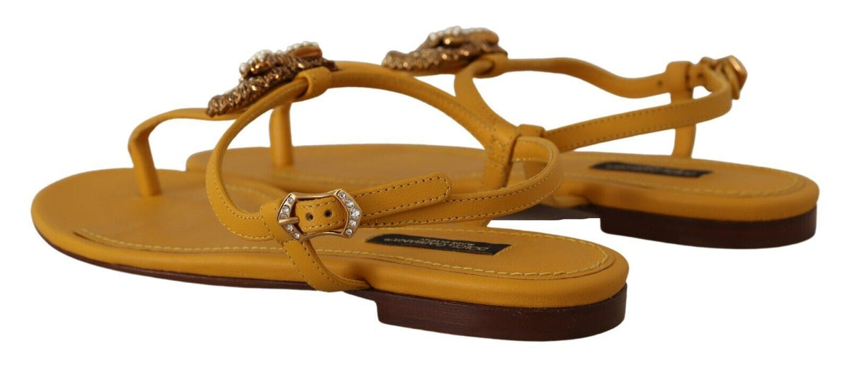 Dolce & Gabbana Mustard Leather Devotion Flats Sandals Women's Shoes