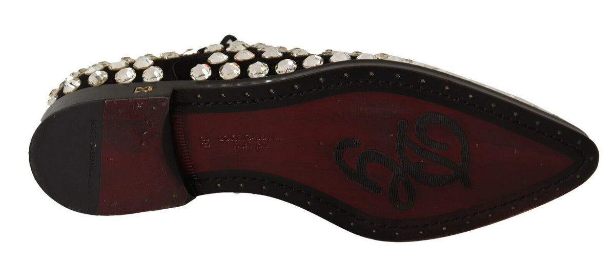 Dolce & Gabbana Black Leather Crystals Lace Up Formal Women's Shoes