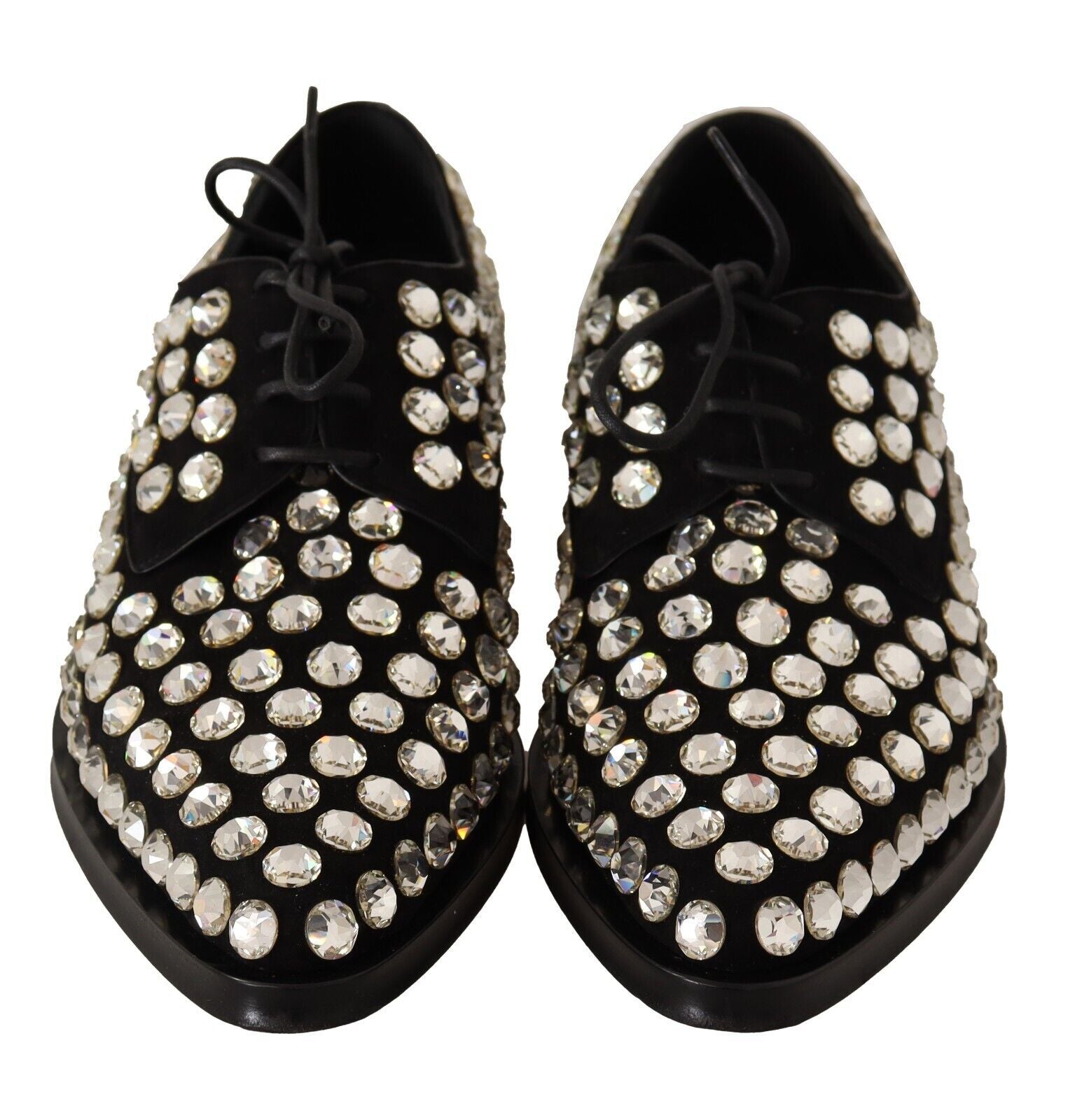Dolce & Gabbana Black Leather Crystals Lace Up Formal Women's Shoes