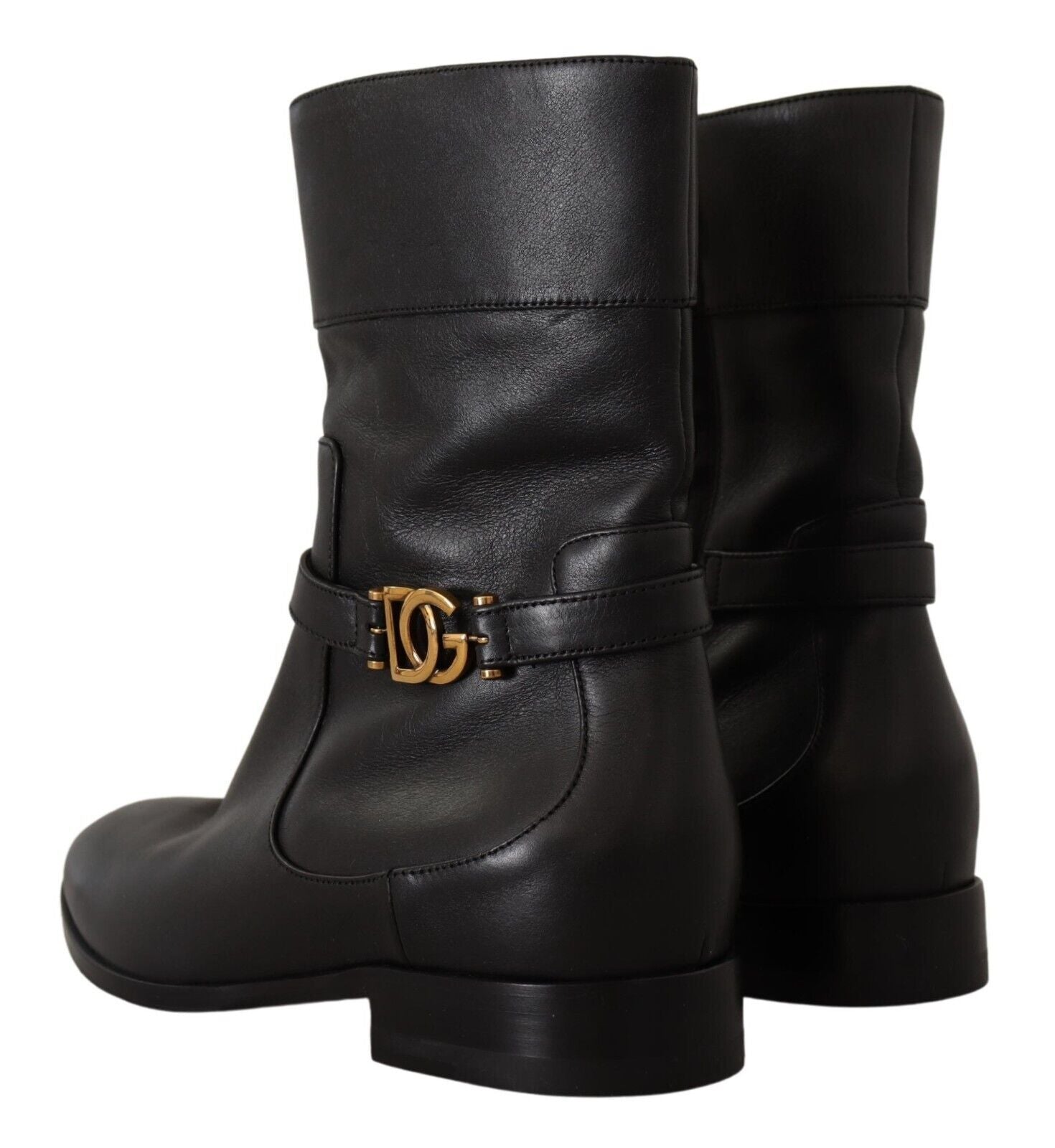 Dolce & Gabbana Black Leather Flats Logo Short Boots Women's Shoes