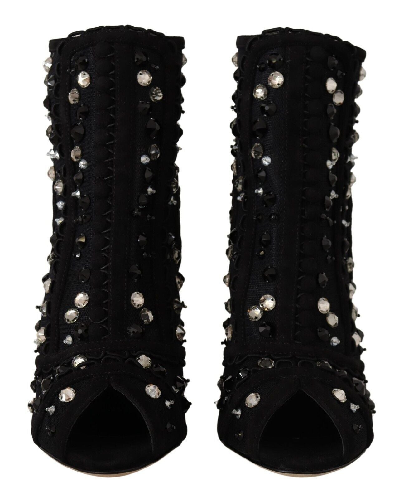 Dolce & Gabbana Black Crystals Heels Zipper Short Boots Women's Shoes