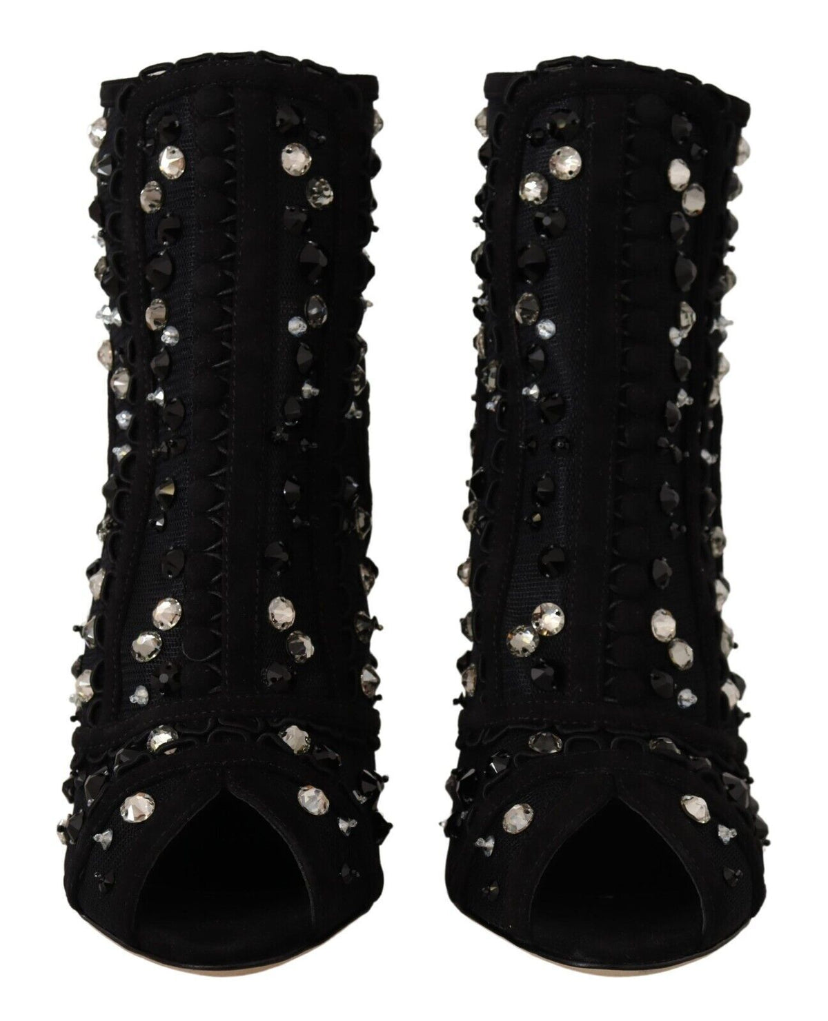 Dolce & Gabbana Black Crystals Heels Zipper Short Boots Women's Shoes