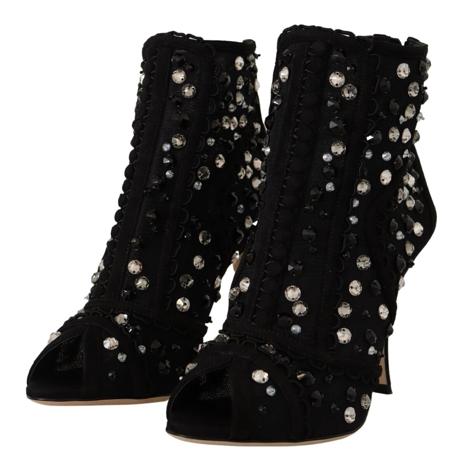 Dolce & Gabbana Black Crystals Heels Zipper Short Boots Women's Shoes