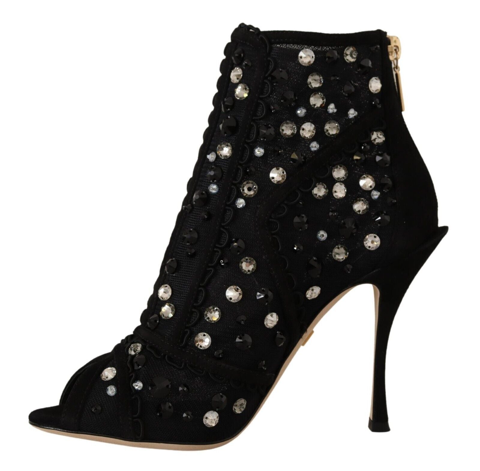 Dolce & Gabbana Black Crystals Heels Zipper Short Boots Women's Shoes