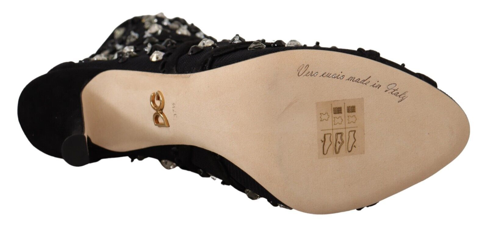 Dolce & Gabbana Black Crystals Heels Zipper Short Boots Women's Shoes