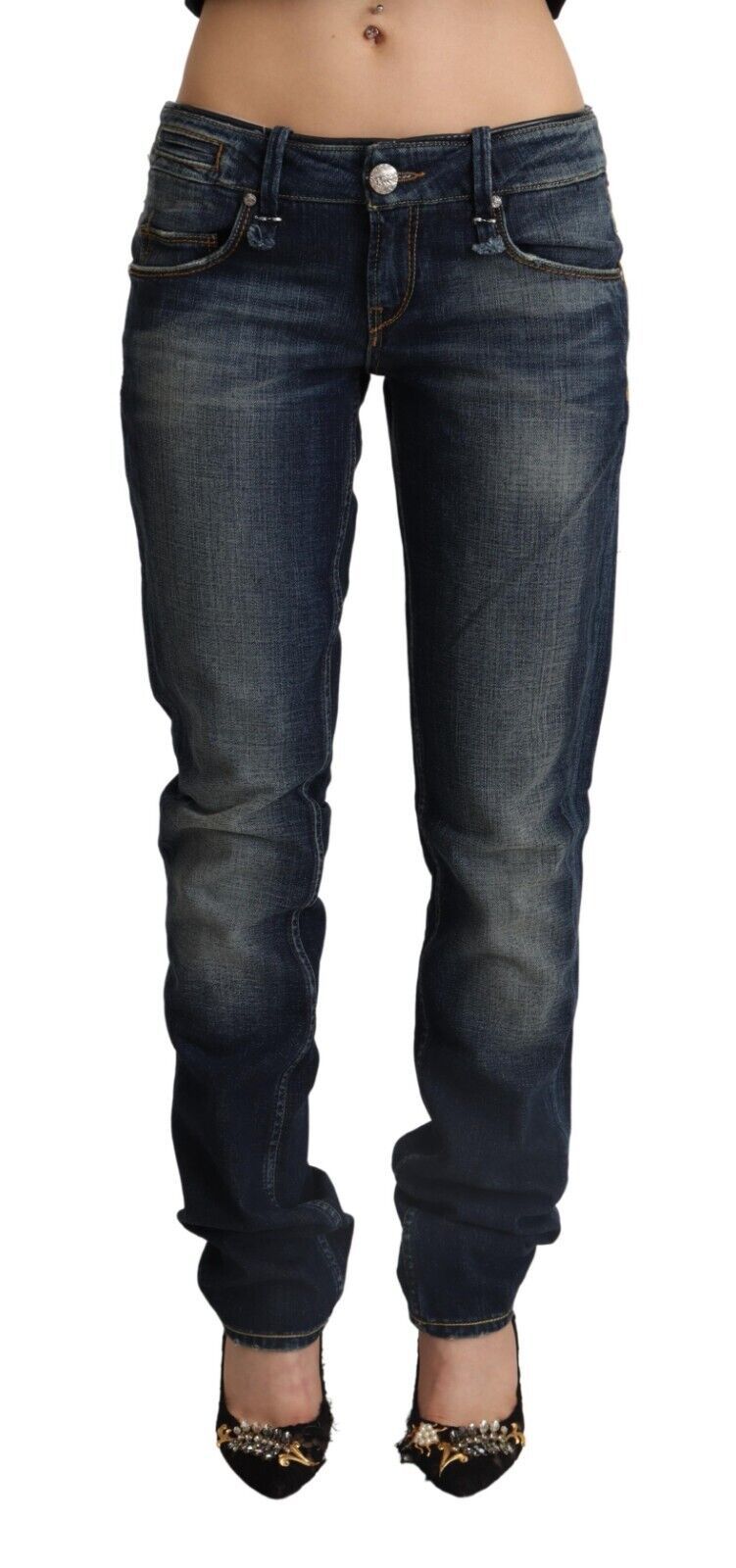 Acht Dark Blue Washed Cotton Skinny Denim Low Waist Women's Jeans