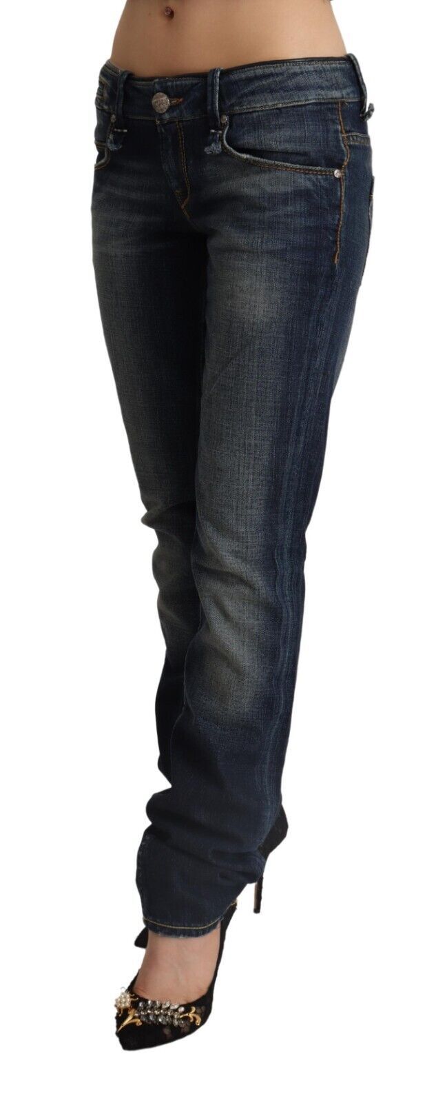 Acht Dark Blue Washed Cotton Skinny Denim Low Waist Women's Jeans