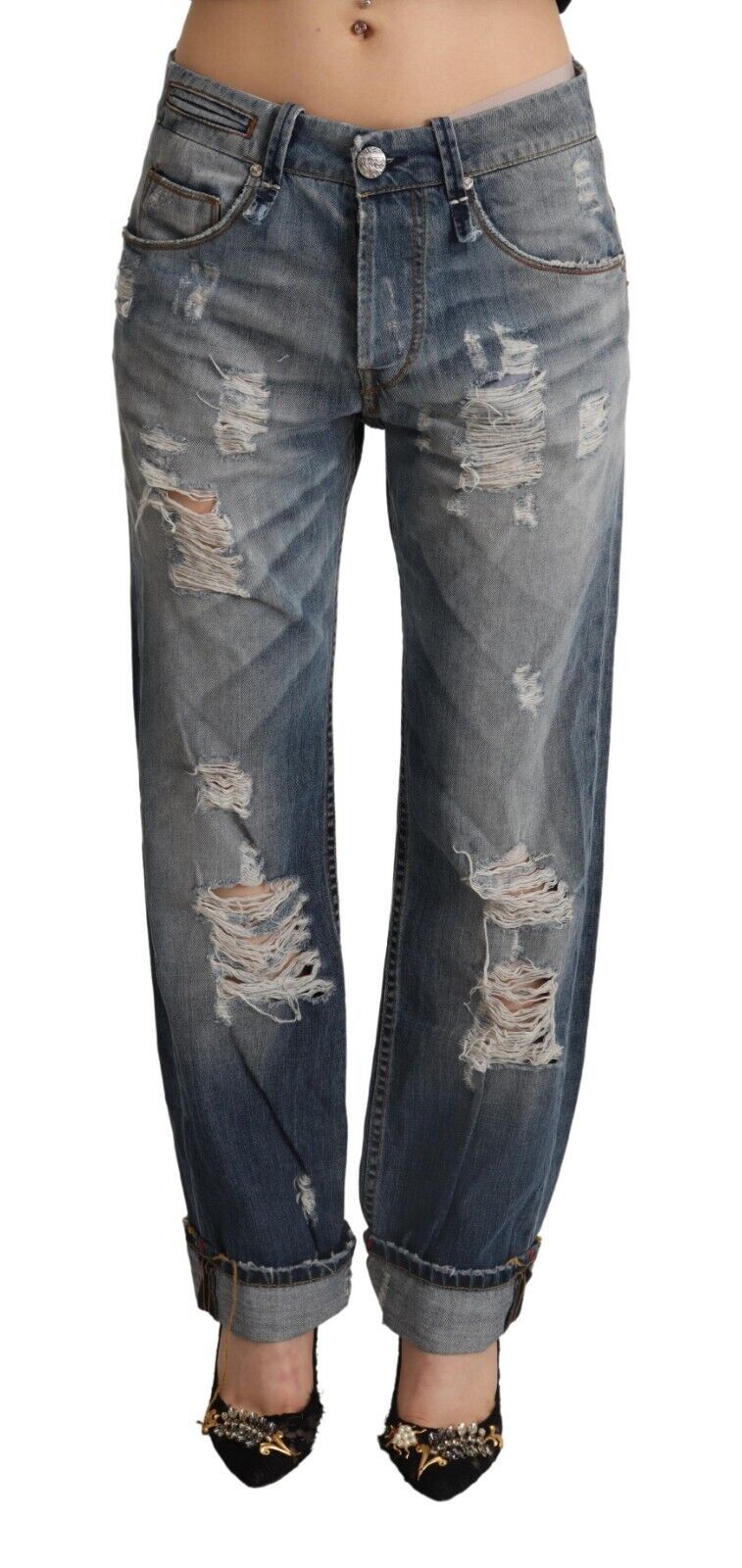 Acht Blue Tattered Mid Waist Straight Denim Cotton Women's Jeans