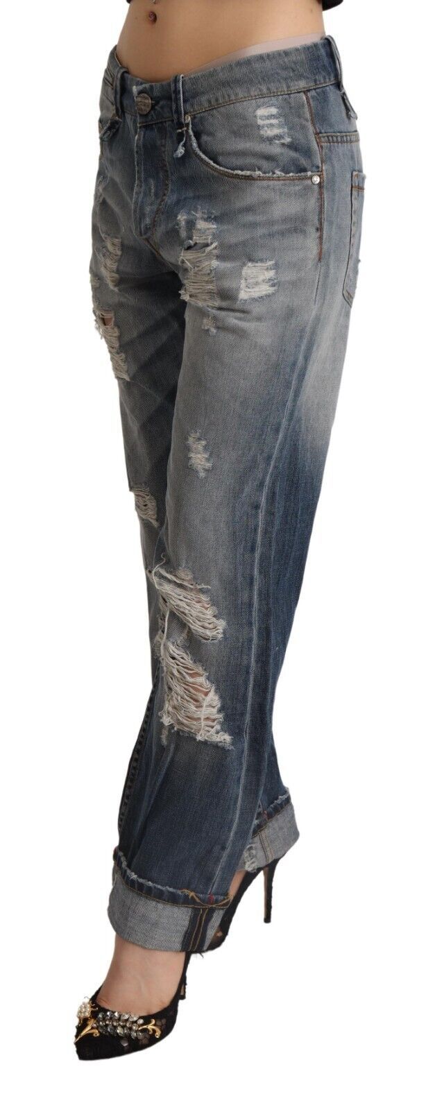 Acht Blue Tattered Mid Waist Straight Denim Cotton Women's Jeans