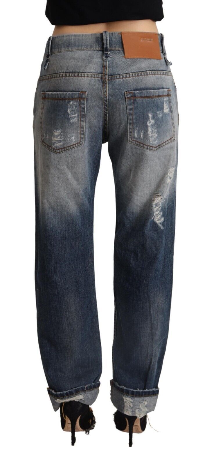 Acht Blue Tattered Mid Waist Straight Denim Cotton Women's Jeans