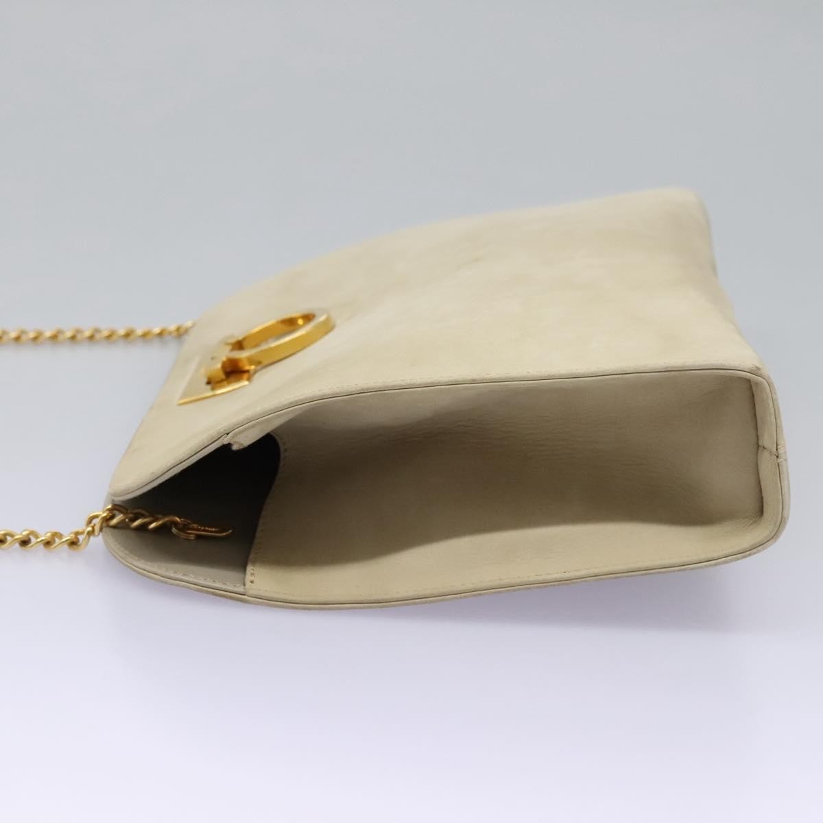 Salvatore Ferragamo Chain Gancini Jacquard With Studded Leather Beige Suede Shoulder Bag Bag (Pre-Owned)