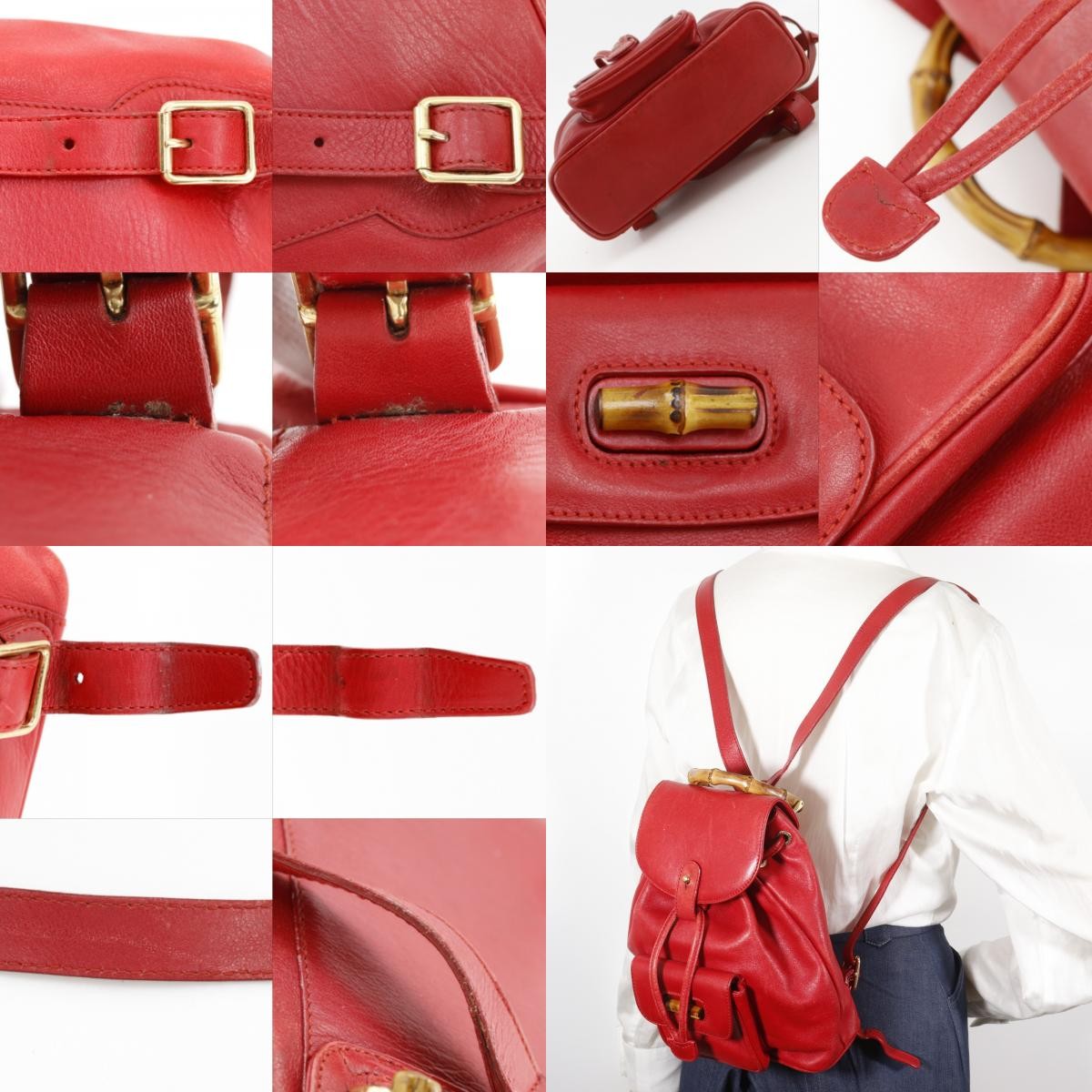 Gucci Vintage Bamboo Leather Red Leather Backpack Bag (Pre-Owned)