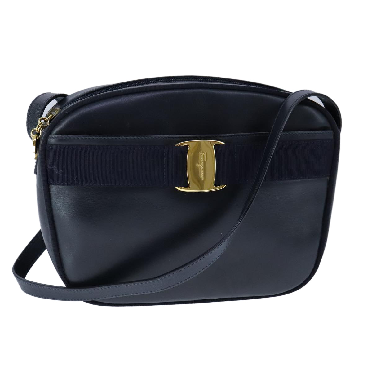 Salvatore Ferragamo Vara Navy Leather Shoulder Bag (Pre-Owned)