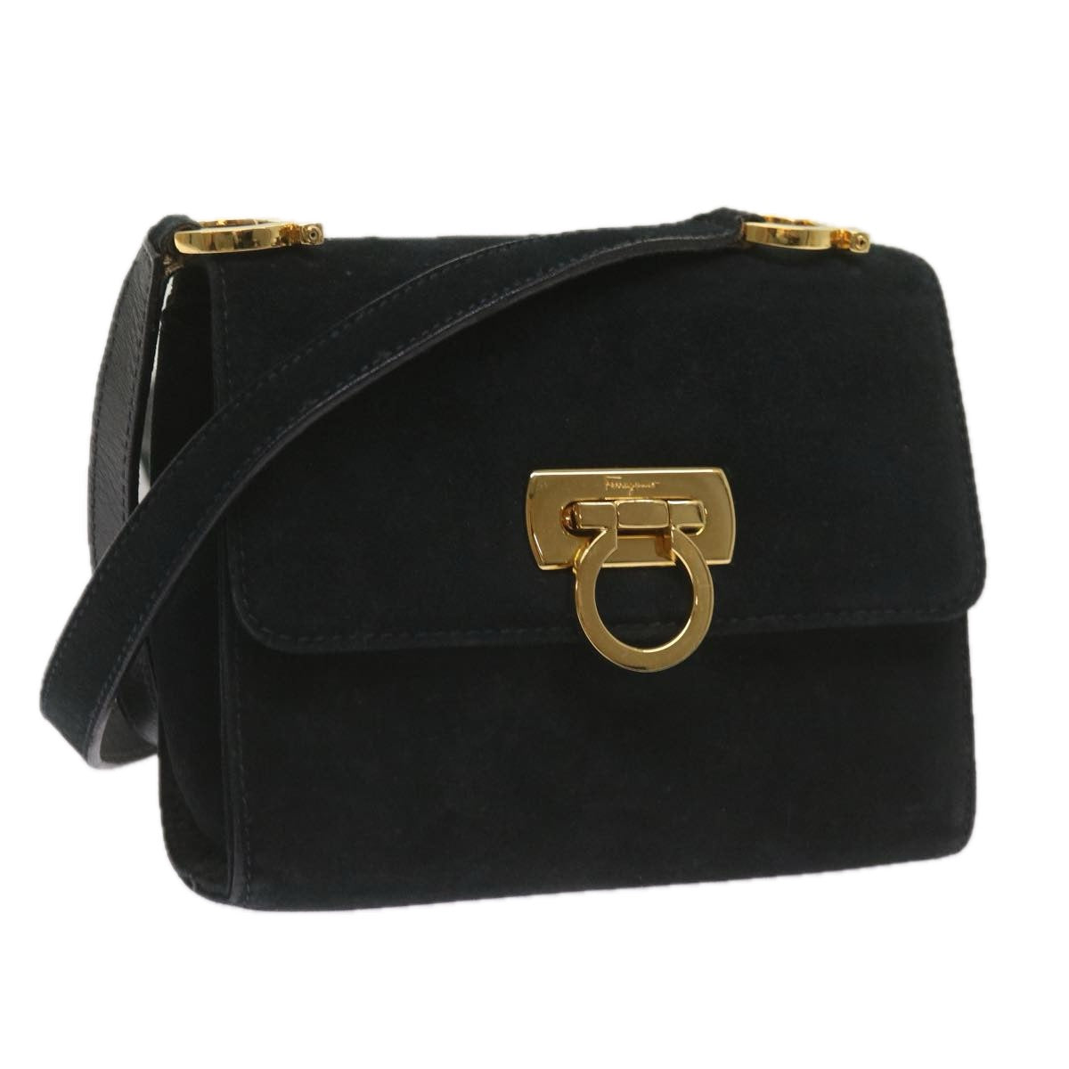 Salvatore Ferragamo Gancini Black Suede Shoulder Bag (Pre-Owned)