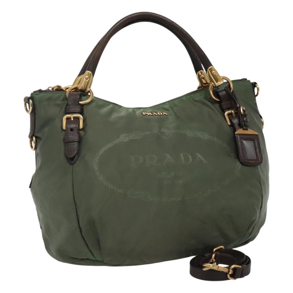 Prada Logo Jacquard Khaki Synthetic Handbag (Pre-Owned)